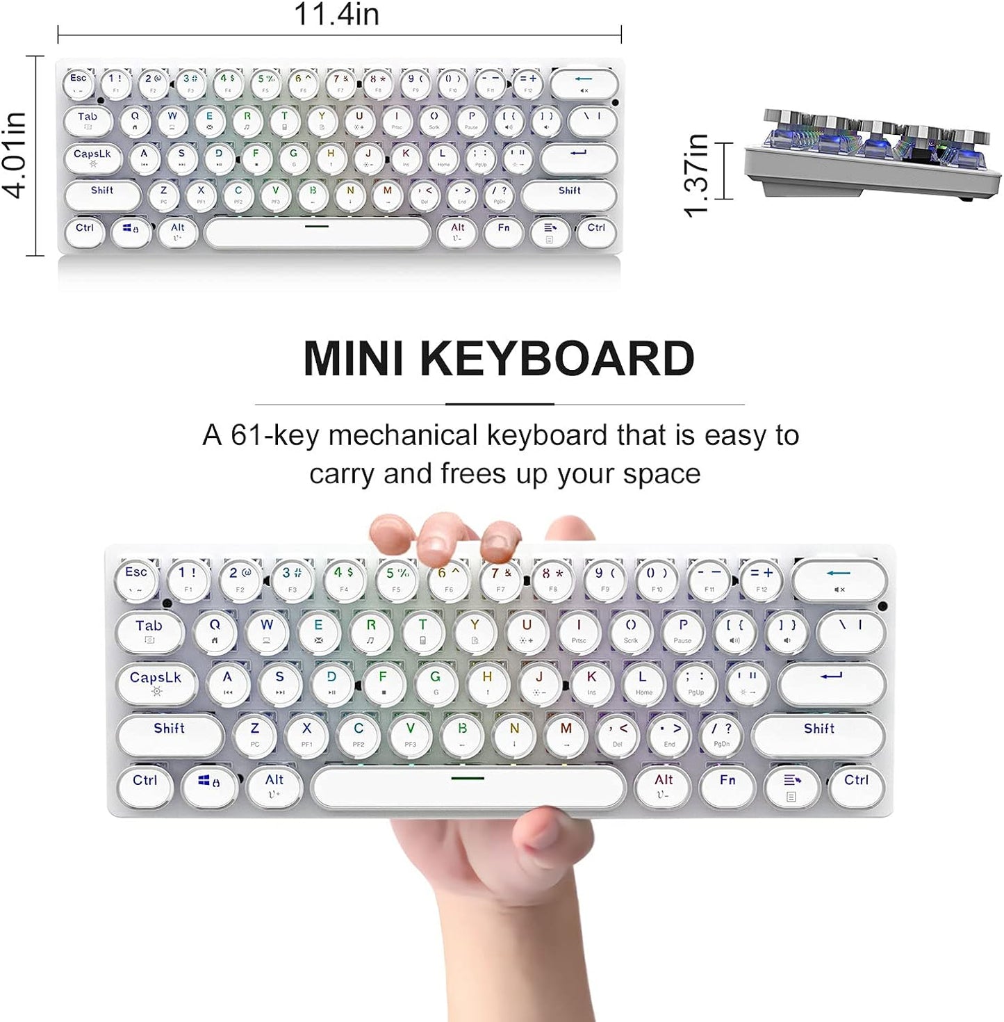 60% Mechanical Keyboard, Gaming Keyboard for PC, Wired Mini White Keyboaed Compact RGB LED Backlit, Retro Computer Keyboard Typewriter Style round Keycap for PC Gamer/Office, 61 Keys